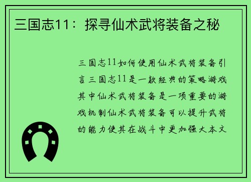 三国志11：探寻仙术武将装备之秘