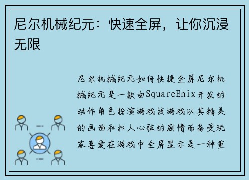 尼尔机械纪元：快速全屏，让你沉浸无限